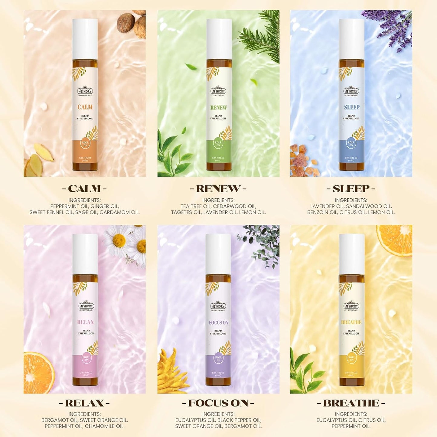 Essential Oils Roll On Set(Calm, Relax, Breathe, Focus on, Sleep, Renew), Natural Aromatherapy Oil Blend Kit with Roller Ball for Massage, Body Skin Care, Home, Relaxation Gift for Women & Men