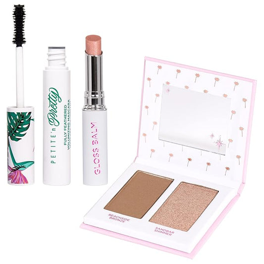 Petite βn Pretty GLOW Makeup Set for Kids, Tweens and Teens - Includes Cheek & Highlighter Duo, Gloss Lip Balm, and Fully Feathered Volumizing Mascara - Clean Makeup, Made in the USA