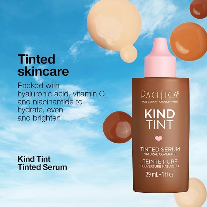Pacifica Beauty Kind Tint Tinted Serum, Skincare, Vegan Collagen, Hyaluronic Acid, Vitamin C, Niacinamide, Caffeine, Hydrating, Lightweight Foundation, Natural Dewy Skin, Shade 08, 1 fl oz (1 Count)