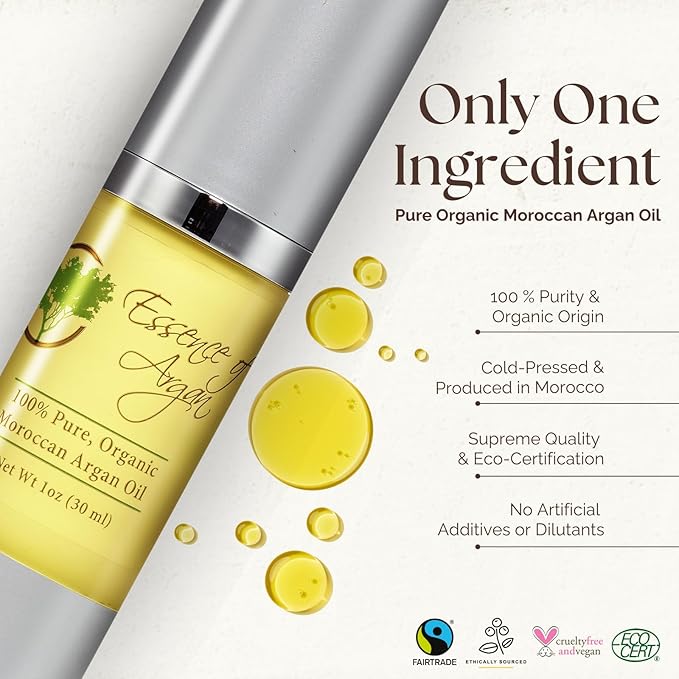 Essence Of Argan 100% Pure Moroccan Organic Argan Oil - Natural EcoCert Oil that Nourishes, Conditions and Moisturizes Your Skin, Hair and Nails (30ml/1oz)