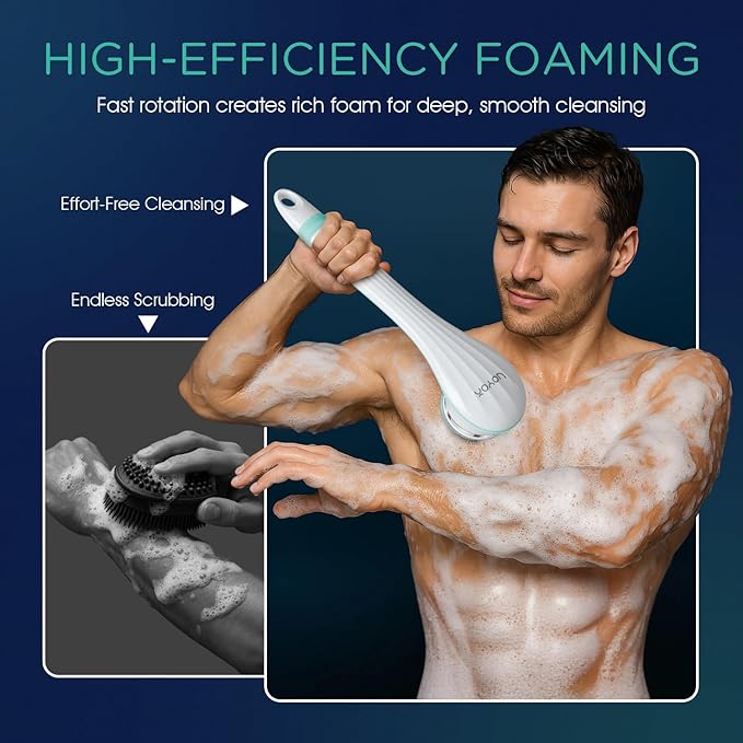 VOYOR Electric Silicone Body Scrubber, Back Scrubber for Shower, Waterproof Long Handle Body Brush, Rechargeable Power Bath Brush for Cleansing, Exfoliating, Massaging Skin BC100 (Blue)