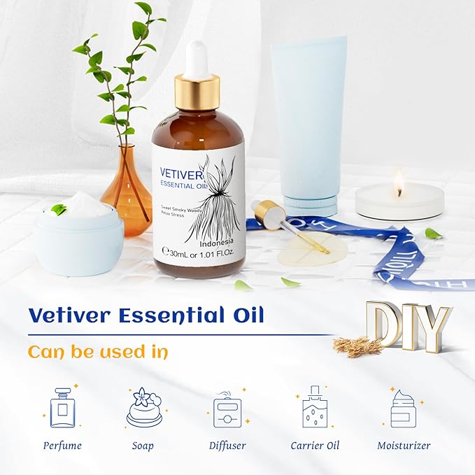 HIQILI 1 Fl Oz Vetiver Essential Oil, 100% Pure Natural for Skin, Candle Making - 30ml