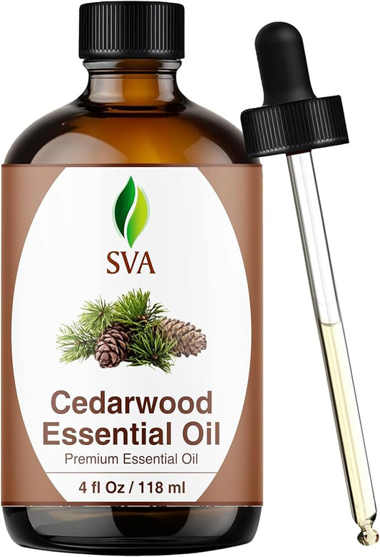 SVA Cedarwood Essential Oil – 4 Fl Oz – 100% Natural Cedar Cupressus Funebris Oil - for Diffuser, Hair Care, Face, Skin Care, Aromatherapy, Scalp and Body Massage, Soap and Candles - with Dropper