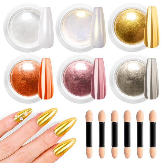 Chrome Nail Powder BISHENGYF - 6 Colors Rose Gold White Orange Metallic Effect Mirror Powder for Nails Aurora Iridescent Pearlescent Chrome Powder for Nails Art DIY Decoration
