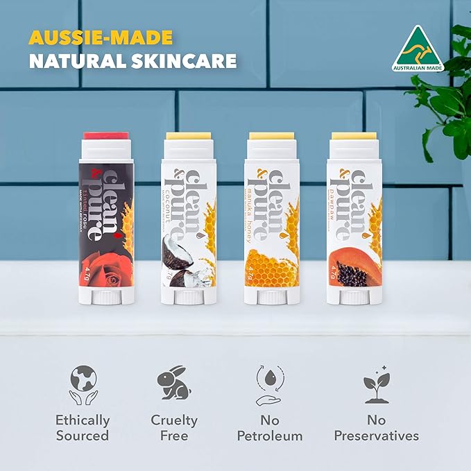 Lip Balm - Bees Knees (4 pack) | Manuka Honey Beauty Products | Vitamin E Oil | Flavored Lip Balm | Australia Made | Rose | Manuka Honey | Cocoa Butter | Manuka Oil | Coconut Oil | Papaw