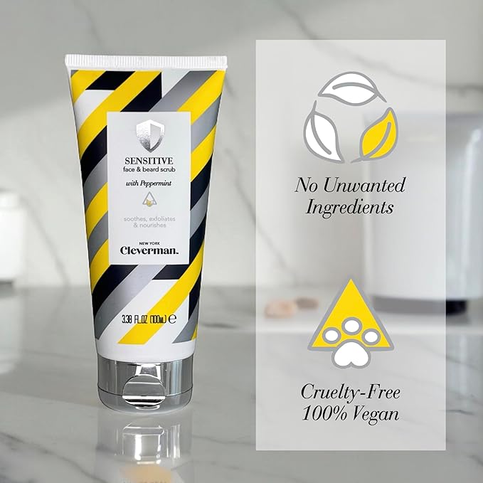 Cleverman Sensitive Face and Beard Scrub for Men, 100ml, Peppermint-Infused Exfoliating Facial Cleanser