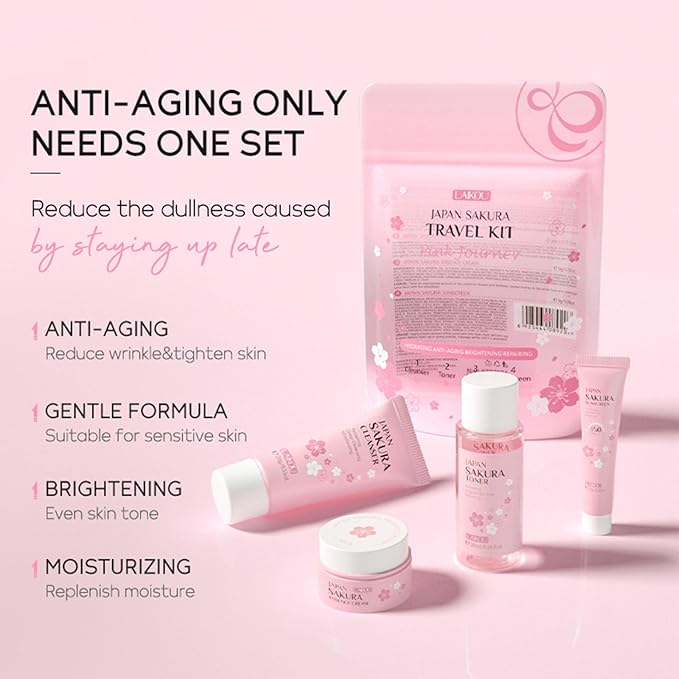 Sakura Travel Skincare Set for Teenage Girls - Face Routine Set for Women,4 Piece Gentle Skin Cleaning & Care Travel Size Kit With Cleanser, Toner, sunscreen and Face Cream