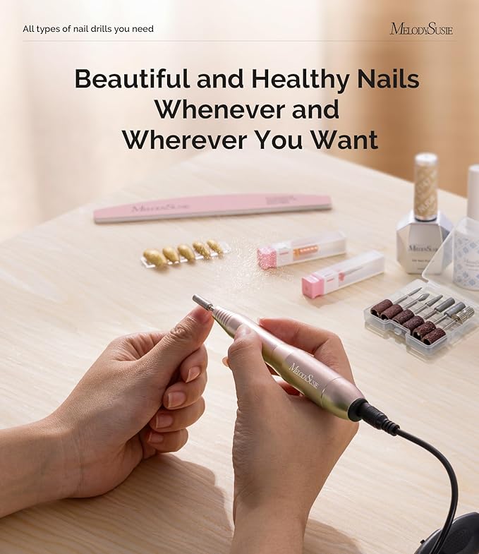 MelodySusie Electric USB Nail Drill Machine,PC120I Portable Electric Nail File Efile Set for Acrylic Gel Nails, Manicure Pedicure Tool with Nail Drill Bits Sanding Bands Gold