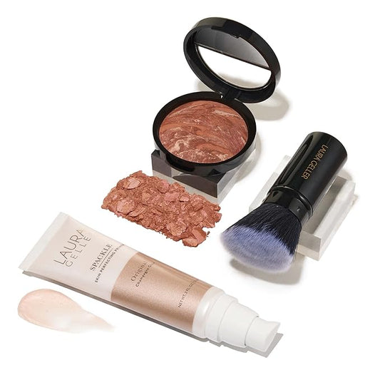 LAURA GELLER NEW YORK Ready-n-Radiant Kit (3 PC) - Baked Bronze-n-Brighten, Deep + Spackle Super-Size Skin Perfecting Primer, Champagne Glow + Retractable Angled Kabuki Brush