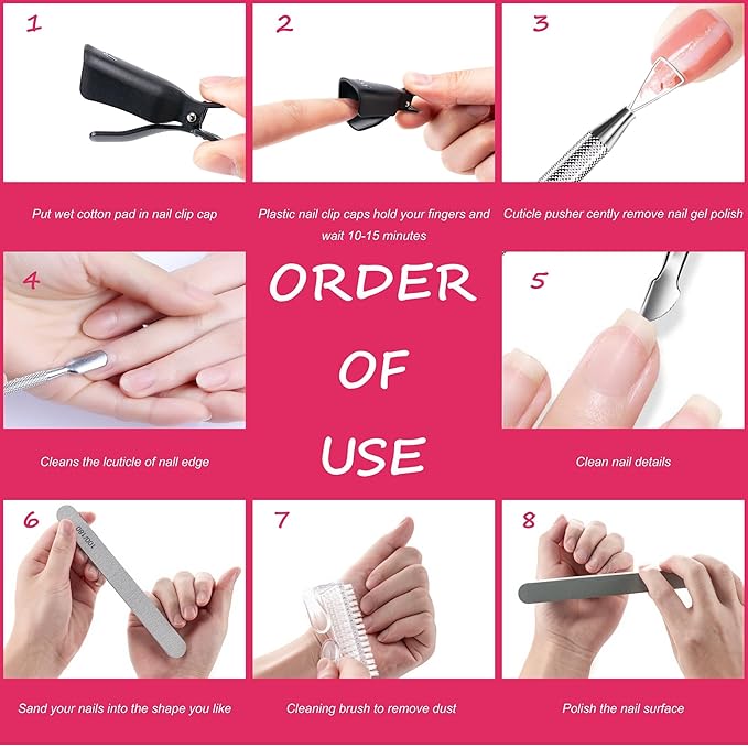 Gel Nail Polish Remover Tools Kit, with 10 Pcs Nail Clips, 400 Pcs Lint Free Nail Wipes, Nail Files 100/180, Buffer Block 400/4000, Nail Brush, Cuticle Pusher, Cuticle Peeler (Black)
