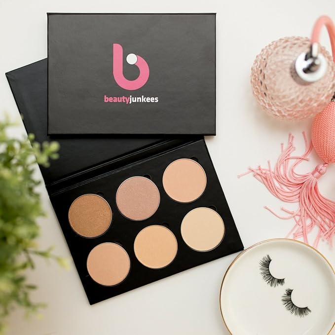 Makeup Highlighter Palette – Beauty Junkees Powder Highlighter Makeup Palette 6 Shades Glow Kit, Face Highlight Make Up Set for Beginners, Professional Quality, Paraben Gluten Cruelty Free Cosmetics