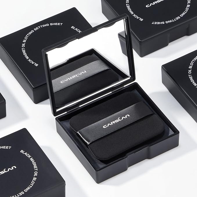 CARSLAN Makeup Blotting Paper with Powder, Black Magnet Blotting Sheets for Oily & Combination Skin, Portable Compact with Puff & Mirror, Keeps Makeup Fresh All Day, 150 Sheets + 8 Refill Pads