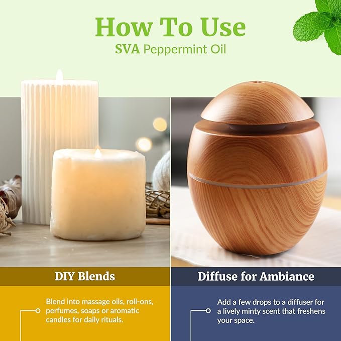 SVA Peppermint Essential Oil – 4 Fl Oz – 100% Natural Peppermint Oil - for Diffuser, Hair Care, Face, Skin Care, Aromatherapy, Scalp and Body Massage, Soap and Candle Making - with Dropper