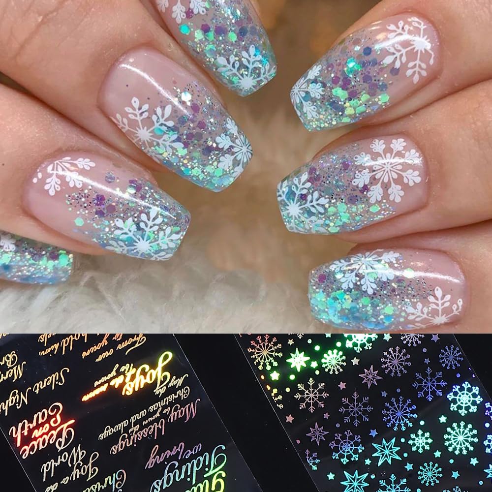 Christmas Nail Art Foils Transfer Stickers 10Rolls Laser Snowflake Nail Foils Adhesive Decals Nail Art Supplies Crystal Ball Xmas Tree Snowman Fireworks Deer Starry Sky Paper for Women Nail Decoration