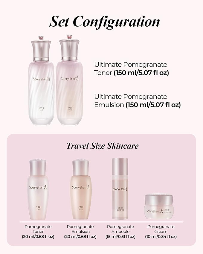Sooryehan Ultimate Pomegranate (Skincare Set, 12.3fl oz) - Improved Skin Elasticity, Reduced Pores/Wrinkles & Gentle Exfoliation, Vitamin C, Adenosine & Niacinamide