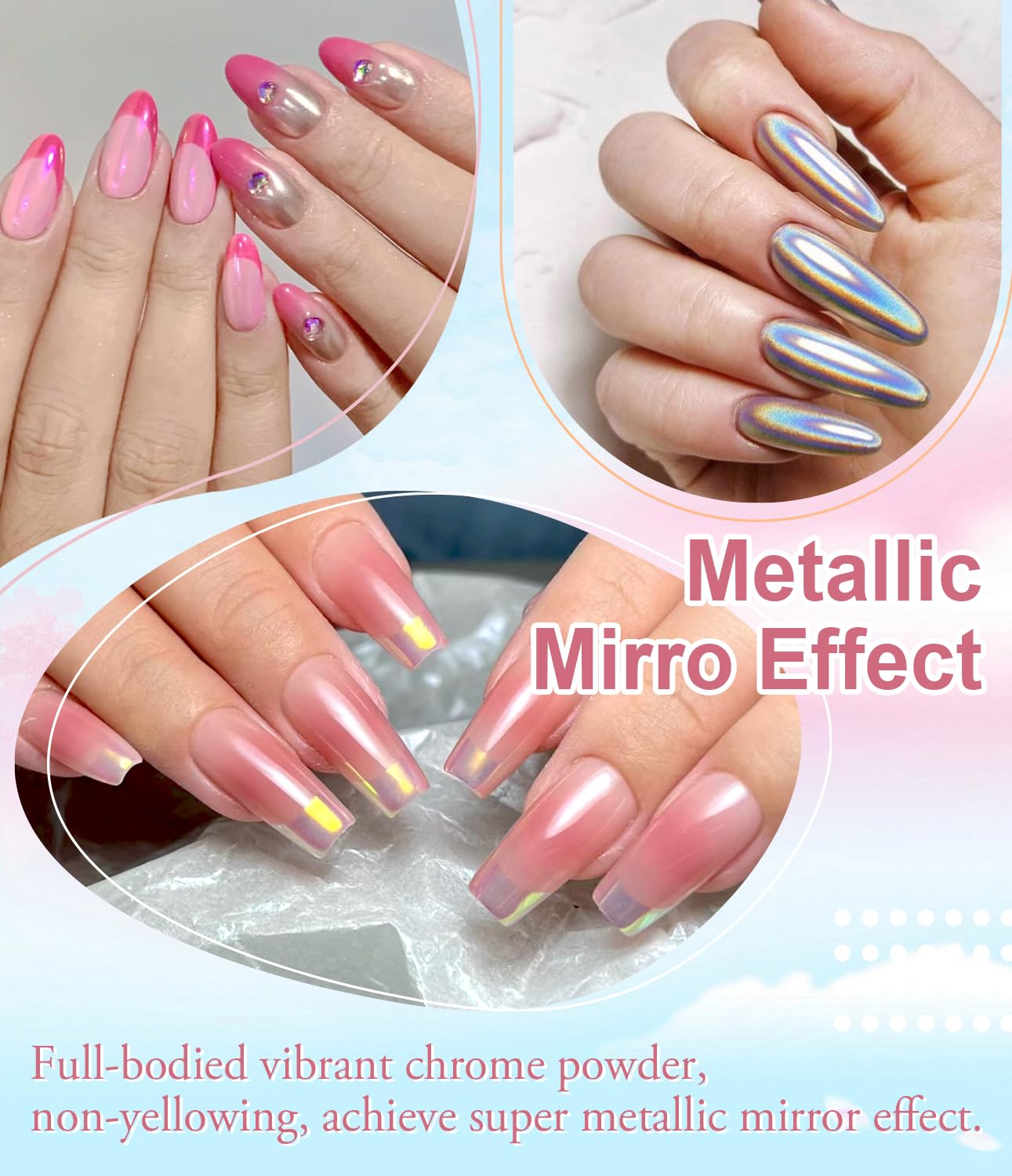 Chrome Nail Powder Kit - Black White Colors Gel Polish Mirror Metallic Effect Holographic Aurora Iridescent Pearlescent Manicure White Pearl Chrome Nail Powder for Nails DIY