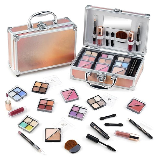 Color Nymph Beginner Makeup Kits For Teens With Train Case Included Full Makeup Kit Eyeshadow Palette Blushes Bronzer Highlighter Lipstick Brushes Mirror(Gold)