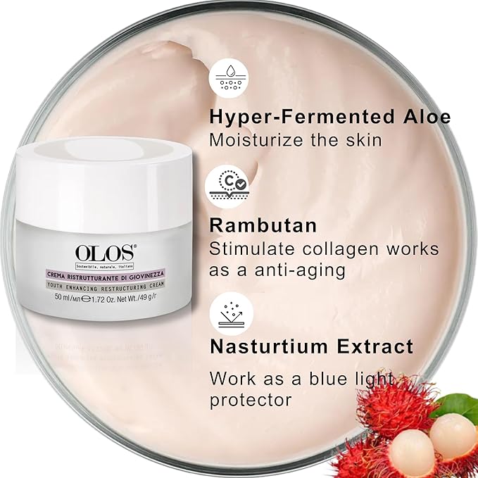 OLOS Youth-Enhancing Restructuring Cream - Anti-Aging Face Moisturizer - Face Lotion with Aloe and Shea Butter - Collagen Booster Face Cream - 1.7 oz