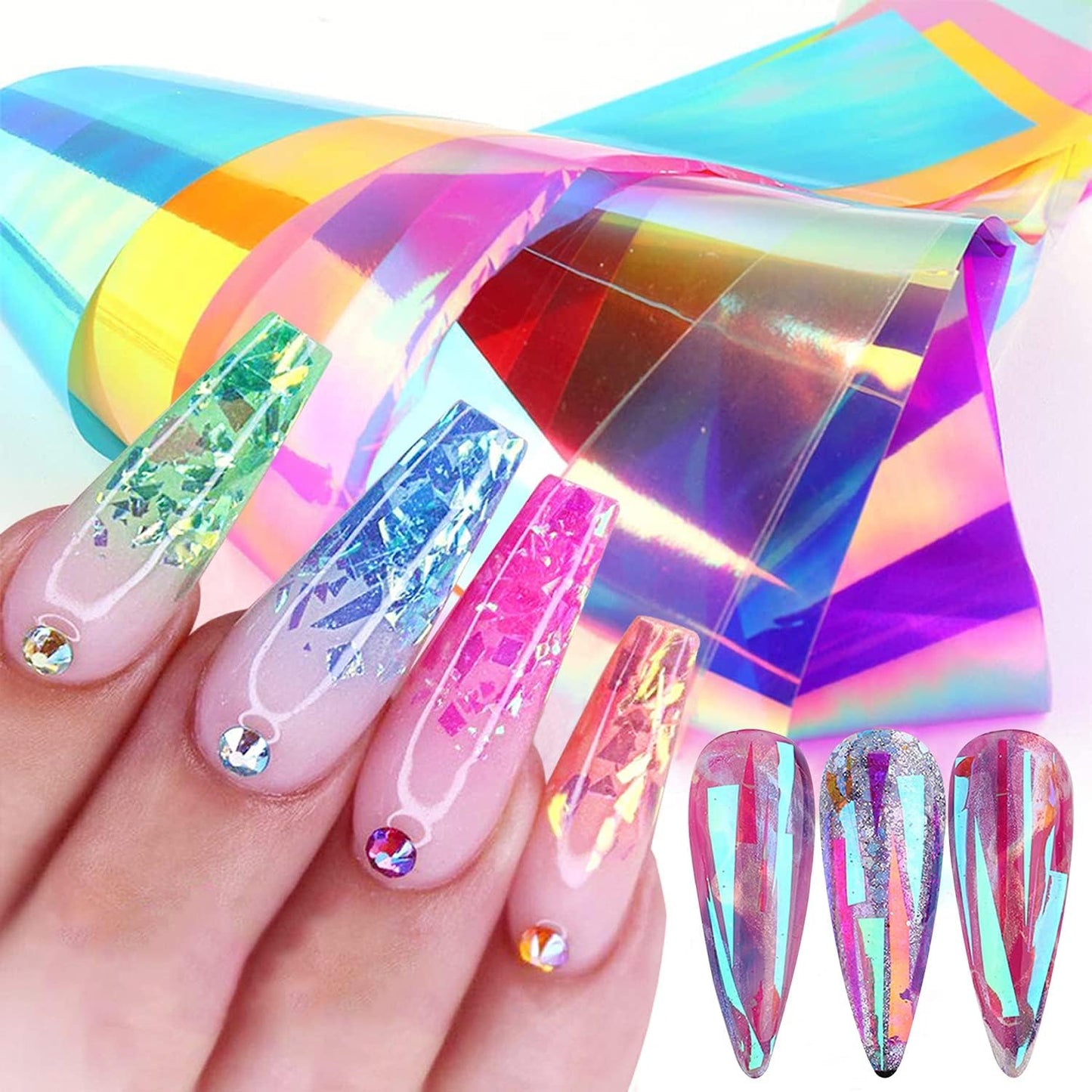 8 Sheets Gradient Glass Paper Nail Art Sticker,Colorful Laser Aurora Cellophane 3D Broken Glass Pieces Mirror Foils Nail Art Decoration for Women Acrylic DIY Nail Art Stickers