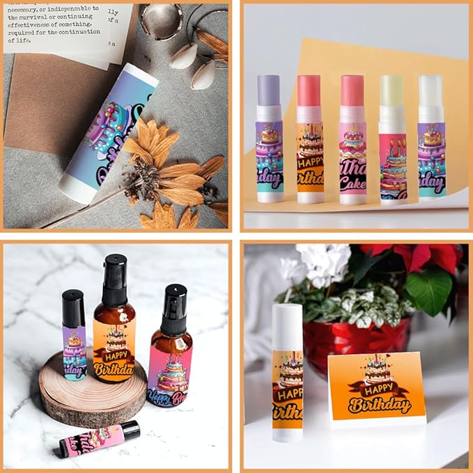 OLYCRAFT 100Pcs 4 Styles Lipstick Tag Stickers Birthday Cake Lip Balm Label Sticker 2.1x1.7 inch Self Adhesive Lipstick Labels with Happy Birthday for Lip Balm Container Tubes Wrapping Decorations