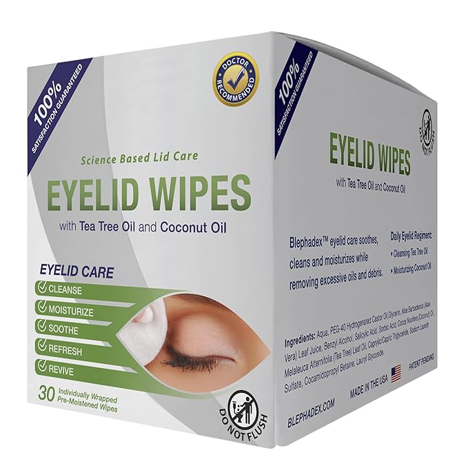 Lunovus Premium Eyelid Wipes With Tea Tree and Coconut Oil - Cleansing Wipes for People Itchy Eyes - Individually Wrapped - Box Of 30 Natural Eye Wipes