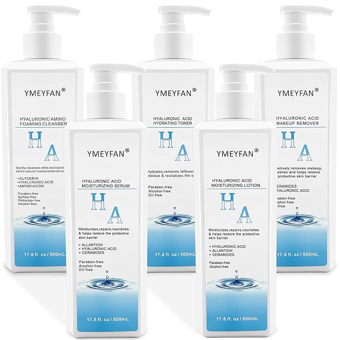 5 Step Skin Care Set, Large 17.6 Fl oz, All with Hyaluronic Acid Facial Skin Care Products, Makeup Remover, Cleanser, Toner, Serum, Lotion, Hydrating & Protect Skin, Sulfates & Paraben-Free