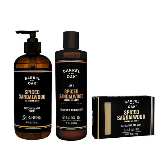 Barrel and Oak - Spiced Sandalwood Body Care Set, Fragrant Sea Salt & Amber Scent, Rich in Essential Oils, Hydrating Formulas, Rich Texture, No Parabens or Phthalates, Certified Organic (3-Pack Set)