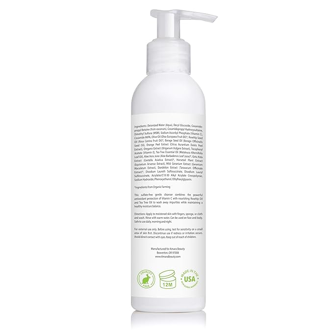 Amara Beauty Facial Cleanser with 15% Vitamin C, Aloe Vera, Rosehip Oil & Tea Tree Oil, 6 fl. oz.
