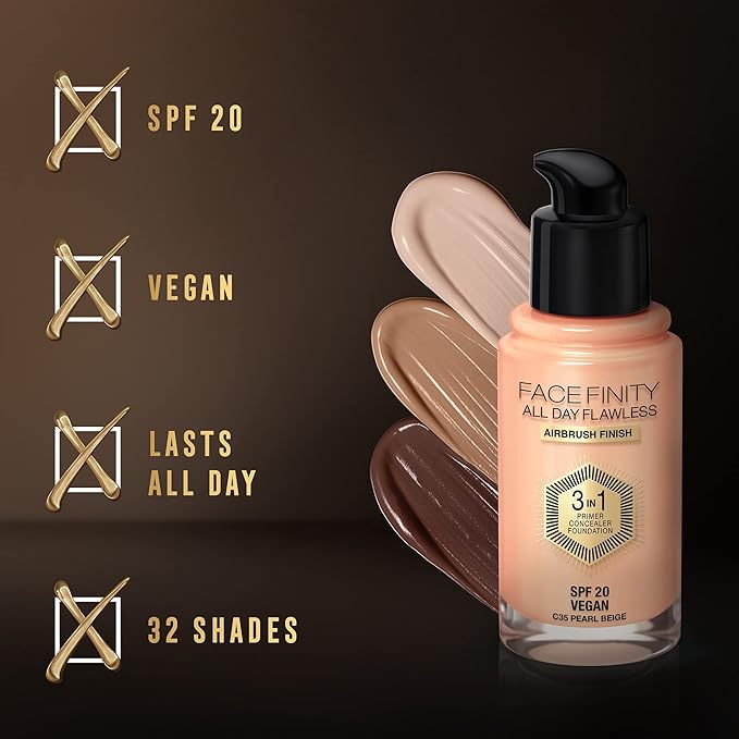 Max Factor Facefinity All Day Flawless 3 In 1 Foundation SPF 20, 30 Ml, 35 Pearl Beige