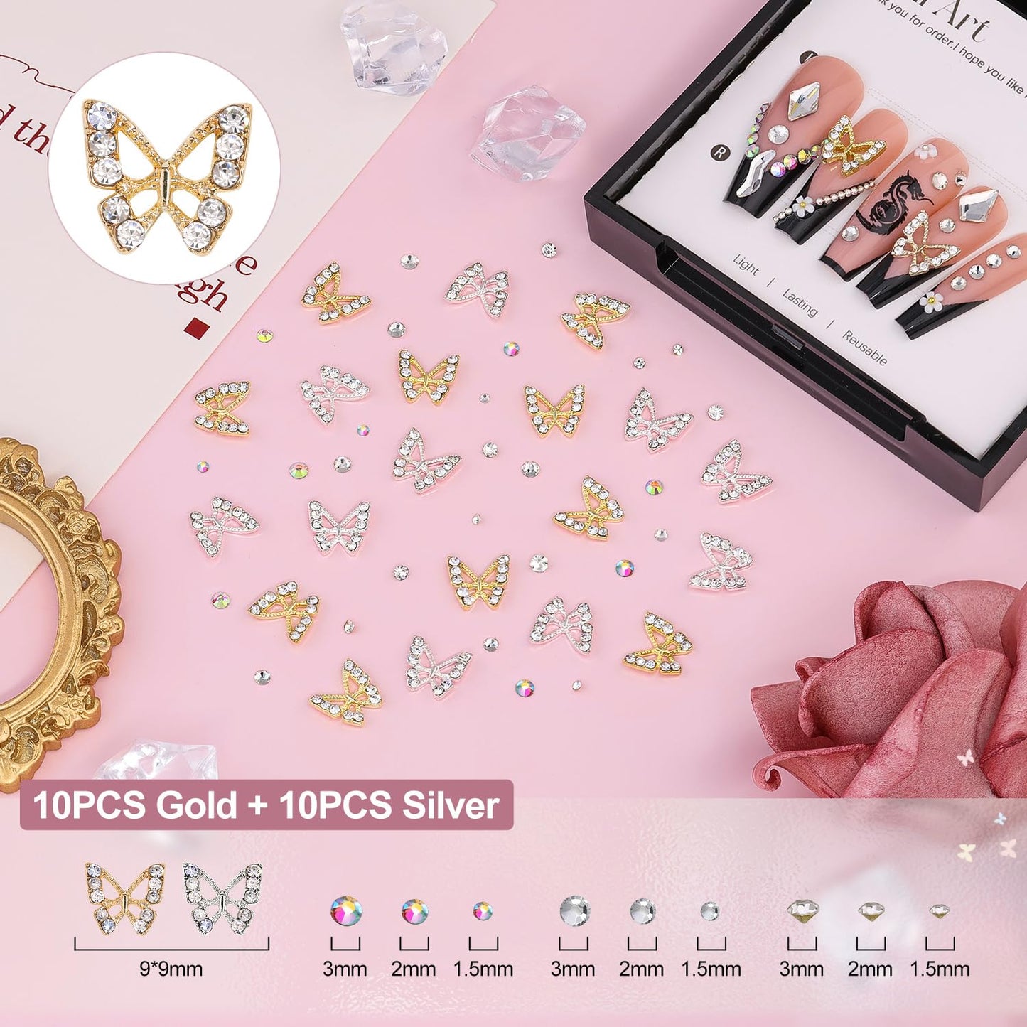 3D Nail Charms and Gems Set 10 with Rhinestone Glue, 20PCS Chunky Butterfly Charms + 60PCS Nail Bows in 2 Styles + 3D Flowers with Crystals, Pearls, Diamonds, and Picker Tools for Y2K Nail Decor