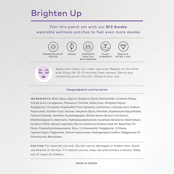 The Good Patch Brighten Up Hydrogel Under Eye Patches for Dark Circles and Puffy Eyes, Made with Niacinamide, Vitamin K, Pine Leaf Extract, Clinically Proven (6 Total Patch Sets)