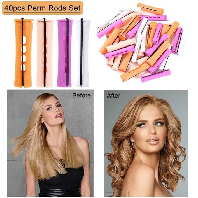 40pcs Perm Rods Set for Natural Hair 4 Sizes Cold Wave Rods Hair Rollers for Women Curling Rods for Long Medium Small Hair Curler Styling DIY Hairdressing Tools(Orange+Beige+Purple+white)