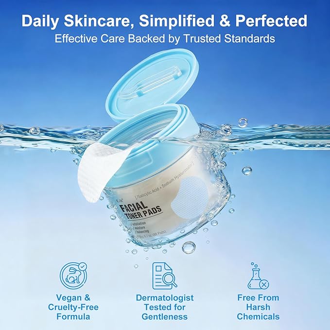 Exfoliating Toner Pads 88 Count - 1% Salicylic Acid (BHA) + Sodium Hyaluronate - Gentle Daily Pads for Acne & Blackheads, Pore Refining, for Sensitive & Oily Skin