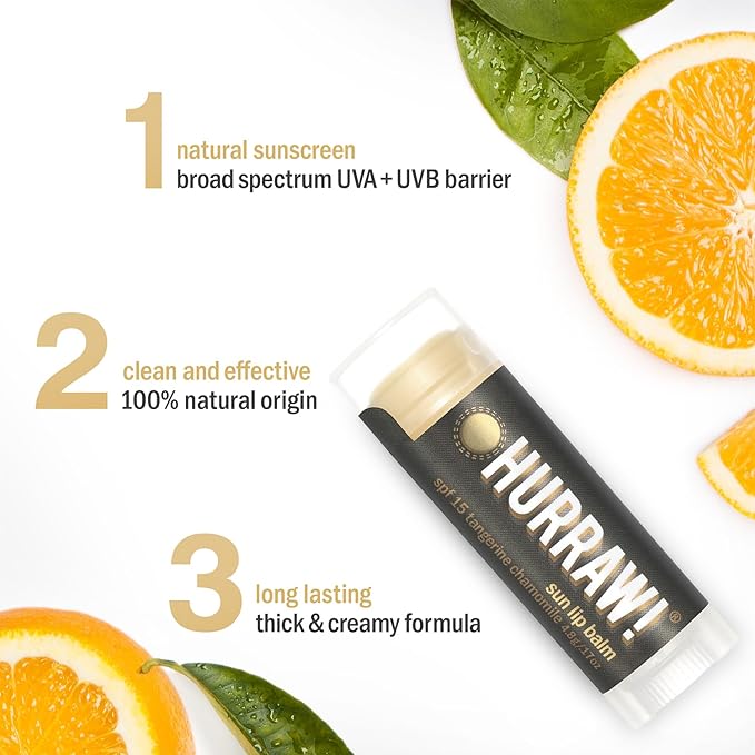 Hurraw! Sun Lip Balm (Zinc Oxide Protection, Broad Spectrum SPF 15, Tangerine, Chamomile): Organic, Certified Vegan, Gluten Free. Non-GMO, 100% Natural. Bee, Shea, Soy and Palm Free. Made in USA
