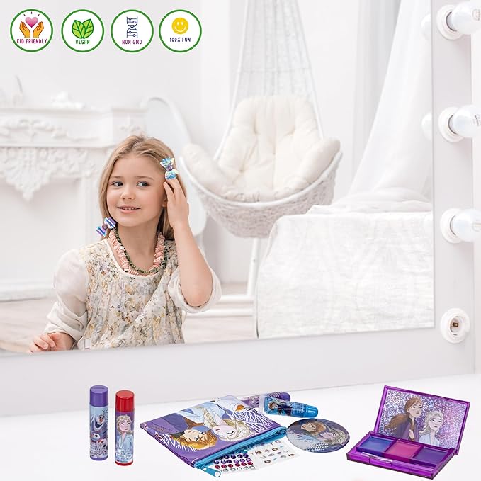 Disney Frozen - Townley Girl Super Sparkly Cosmetic Beauty Makeup Set For Girls with Clips, Lip Gloss, Nail Stickers, Lip Balm, Nail Gems and Mirror For Parties, Sleepovers & Makeovers