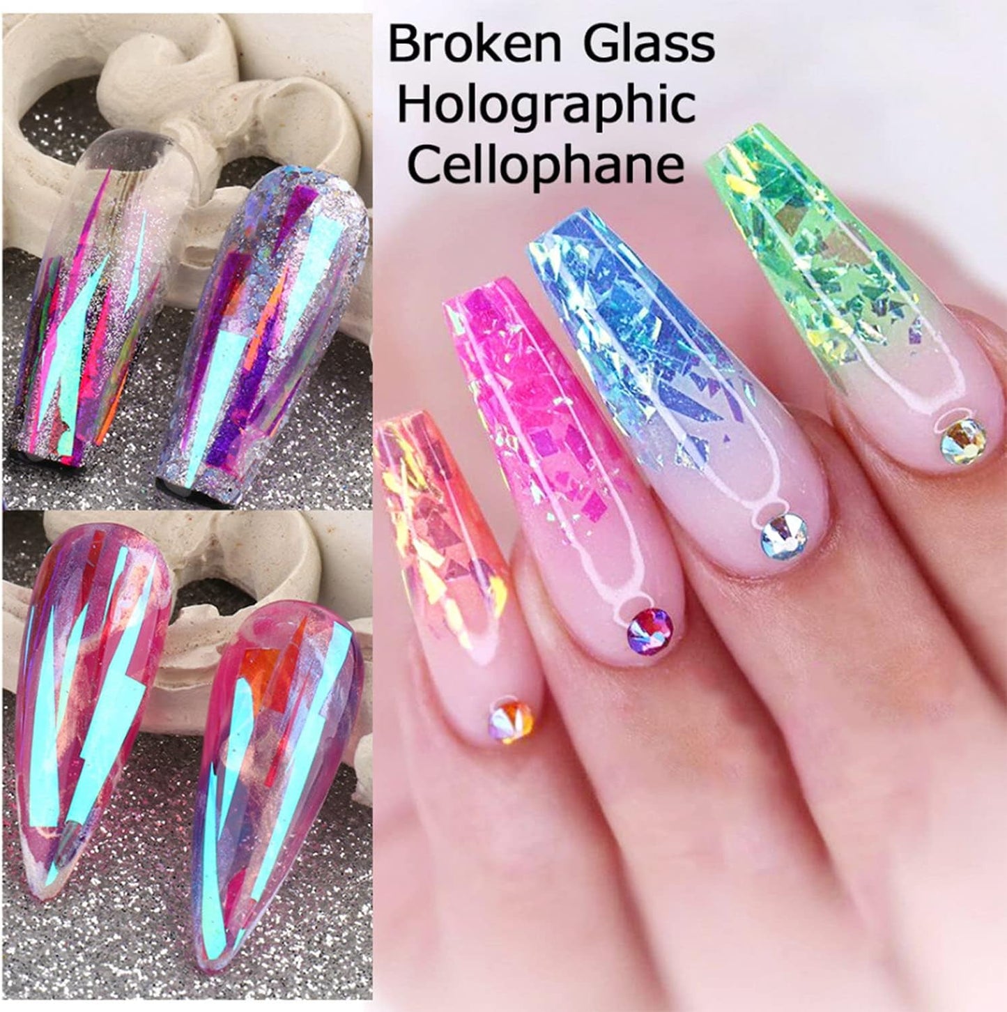 8 Sheets Gradient Glass Paper Nail Art Sticker,Colorful Laser Aurora Cellophane 3D Broken Glass Pieces Mirror Foils Nail Art Decoration for Women Acrylic DIY Nail Art Stickers