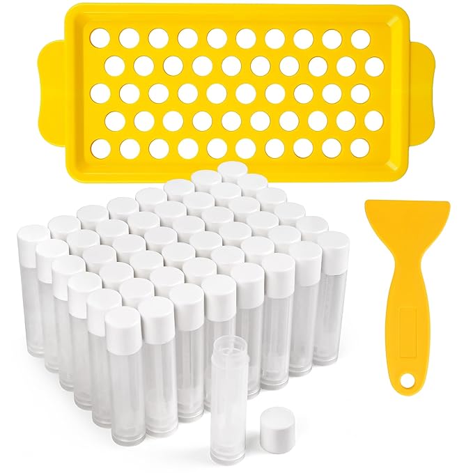 LotFancy Lip Balm Tubes with Filling Tray and Spatula, 50Pcs 5.5ml (3/16 Oz) Clear Lip Balm Containers with White Caps, BPA Free & Leak Free Lip Balm Making Kit