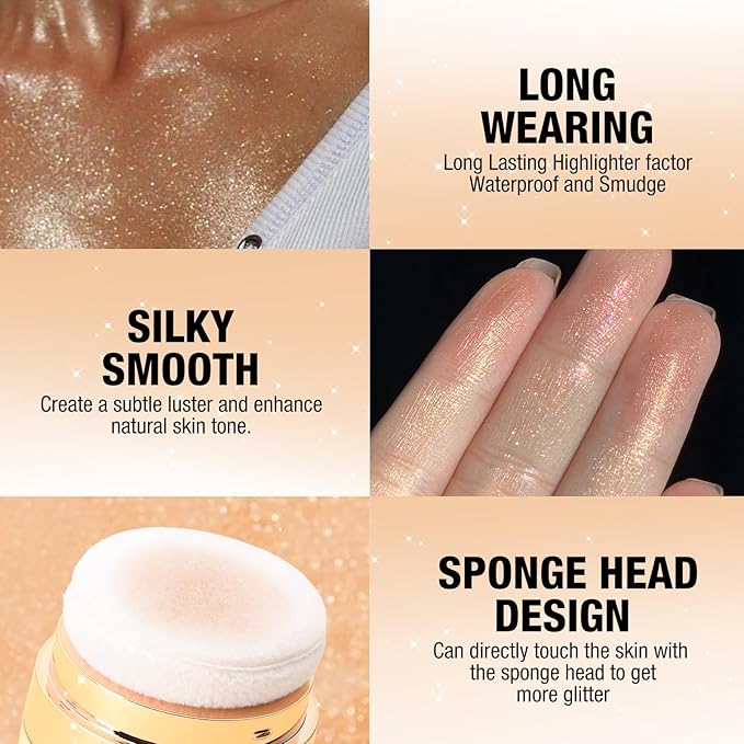 Glitter Body Highlighter Powder Body Shimmer Sparkle Face Brightening Highlighter Powder for Face Eyes Body Glow Makeup With sponge head(silvery)