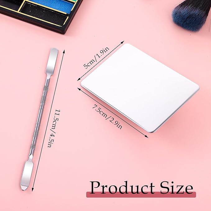 Makeup Mixing Palette with Handle Stainless Steel Makeup Spatula Palette with Foundation Spatula Multifunction Foundation Mixing Palette & Makeup Mixer for Mixed Cosmetics (2.9×1.9",Silver)