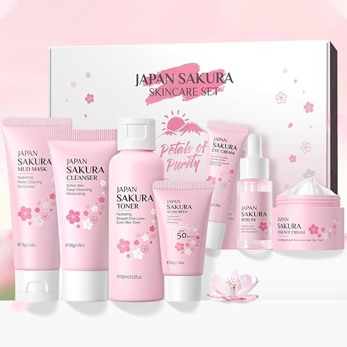 Skin Care Set JAPAN-SAKURA Women Beauty Gift Sets Skin Care Kit, Self-Care Skincare Set: Cleanser,Toner,Serum,Cream,Mud Mask,Eye Cream,Sunscreen, Facial Kit for Women Teen Girls Mom Daughter 7pcs