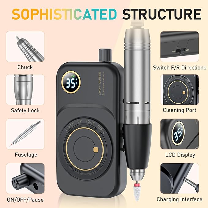 Portable Nail Drill Electric File: 35000RPM Professional Rechargeable Nail E File Machine,for Acrylic Nails Gel Polishing Removing, Cordless Efile with Bits Kit for Manicure Salon Home (Black)