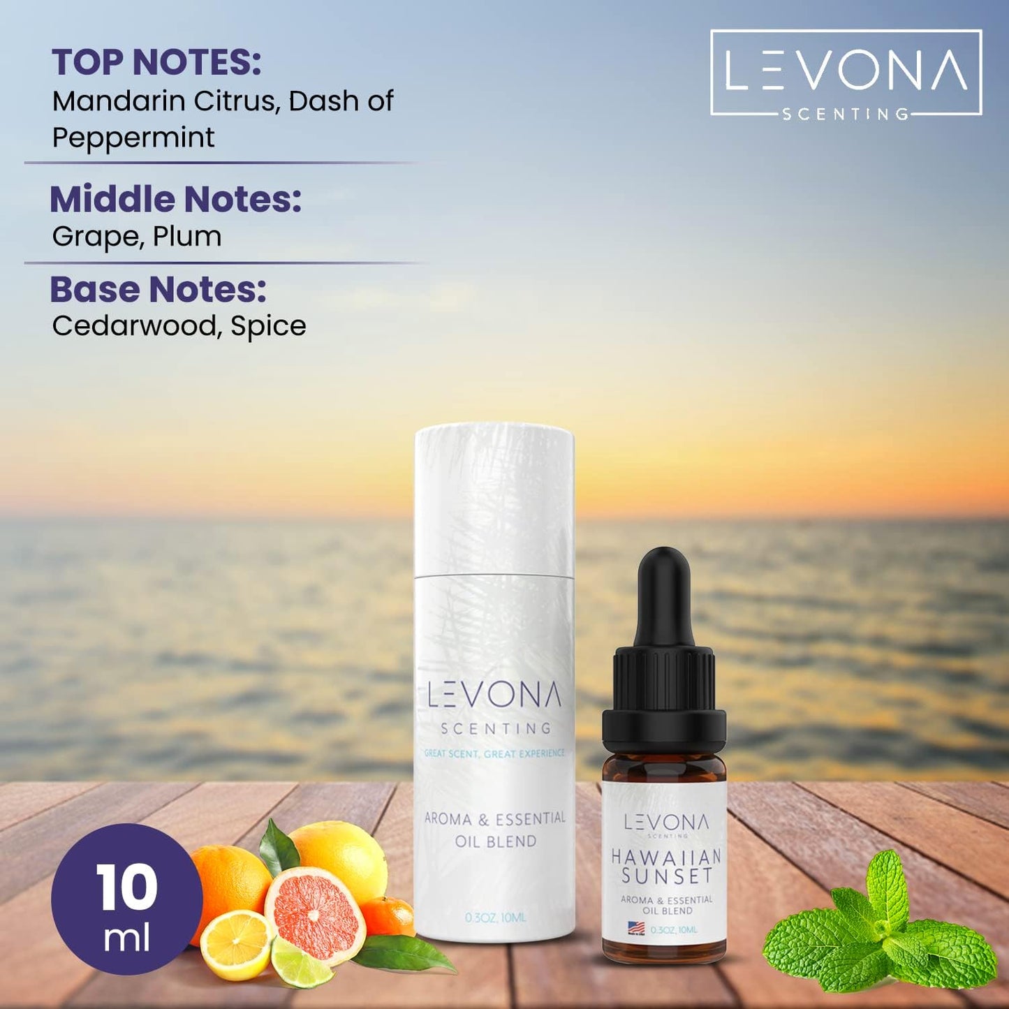 Levona Scent Essential Oils - Scents for Home, Hotel & Office Use - Perfect for Home Diffuser & Humidifiers - Aroma Fragrance Oil, Ideal for Massage, Relaxation, and Spa - Hawaiian Sunset, 10ml