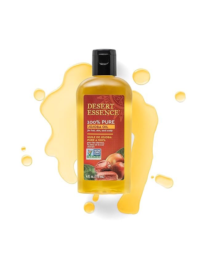 Desert Essence 100% Pure Jojoba Oil – 4 Fl Oz Moisturizer for Hair, Skin & Scalp | Makeup Remover & Aftershave Hydrator, Non-GMO, Vegan, Cold-Pressed, Anti-Flakiness & Non-Clogging Beauty Elixir