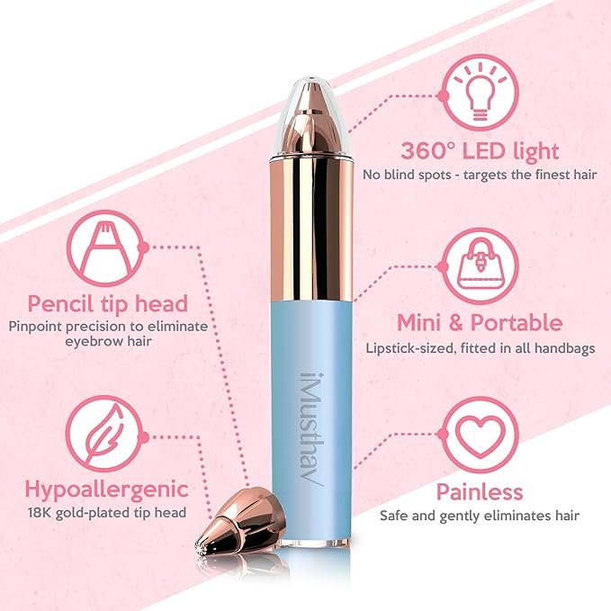 Portable Flawless Eyebrow Hair Remover for Women – Painless, Fast & Precise Flawless Electric Razor & Epilator for Eyebrow, Nose, Ear Hair Removal – 18K Gold-Plated, 360° LED Light