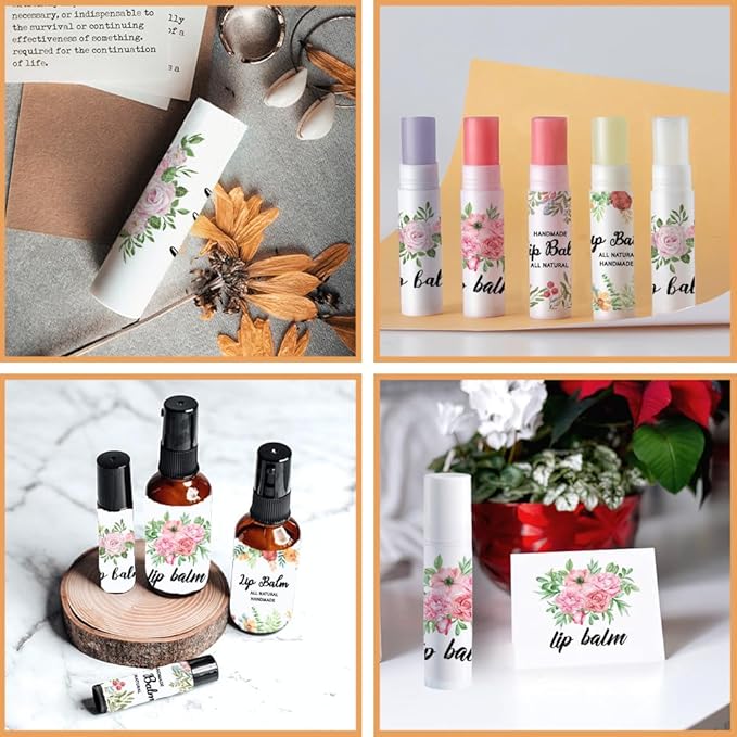 OLYCRAFT 100Pcs 4 Styles Flower Lip Balm Labels Stickers 2.1x1.7 inch Self-Adhesive Favor Lip Balms Flower Stickers with Handmade Words for Lipstick Wrapping Decorations Birthday Party Supplies