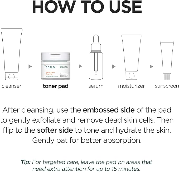 P.CALM Barrier Cycle Toner Pad β 60 Pads with Centella Asiatica & Papaya Extract for Soothing, Moisturizing & Exfoliating, Korean Vegan Facial Toners Pads for Sensitive Skin (160ml / 5.41 fl.oz)