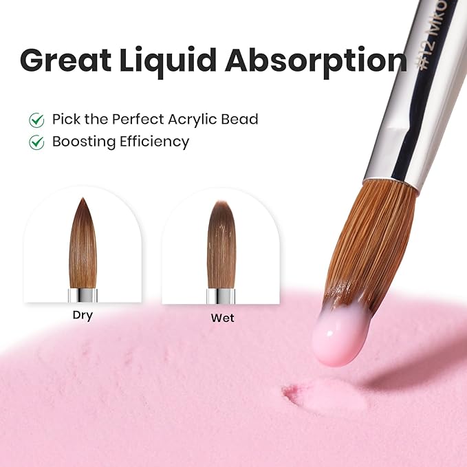 Beetles Kolinsky Acrylic Nail Brush Pure Kolinsky Hair Bristles Round Shaped Metal Handle Nail Art Brushes for Manicure Extension Acrylic Powder Professional Salon Manicure Tool - Size 12