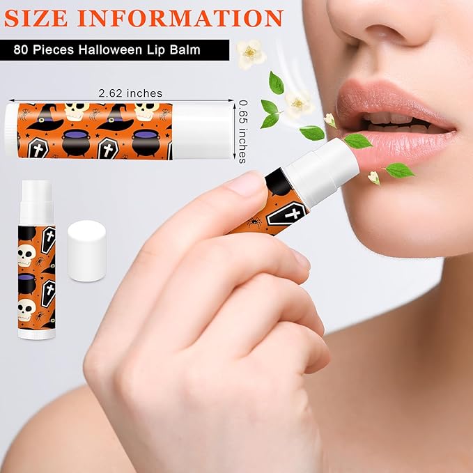 80 Pcs Halloween Lip Balm Ghost Spiderweb Skull Bat Lip Moisturizers for Halloween, 4 Styles