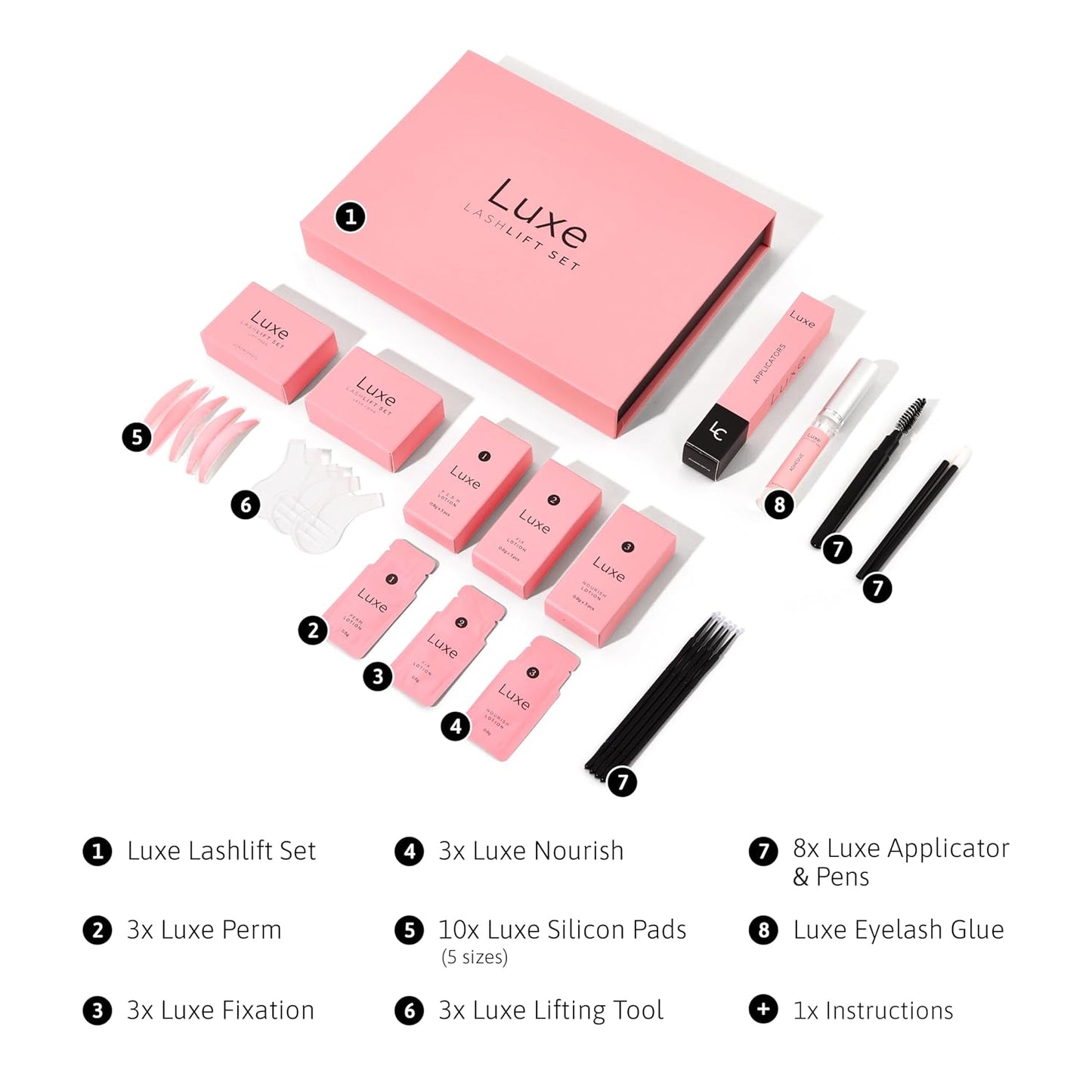 Luxe Cosmetics - Lashlift + Brown Color Kit for Eyelashes - Brown and Curled Eyelashes up to 8 Weeks - Complete set DIY at Home - 3 Lashlift Applications