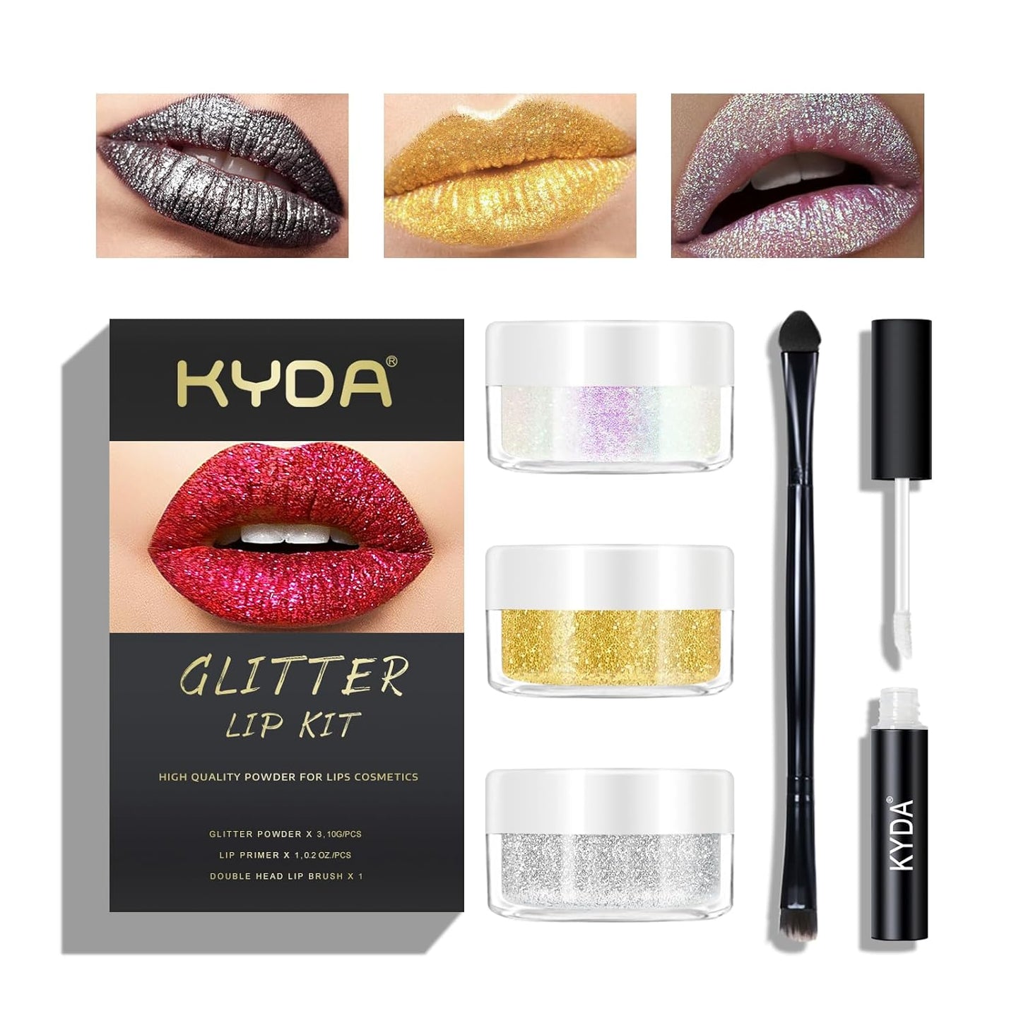 KYDA 3 Colors Glitter Lip Kit, Diamond Metllic High Pigmented Powder for Lips Cosmetics, Glitter Lips Makeup,with Lip Primer and Brush, Long Wear-Set D